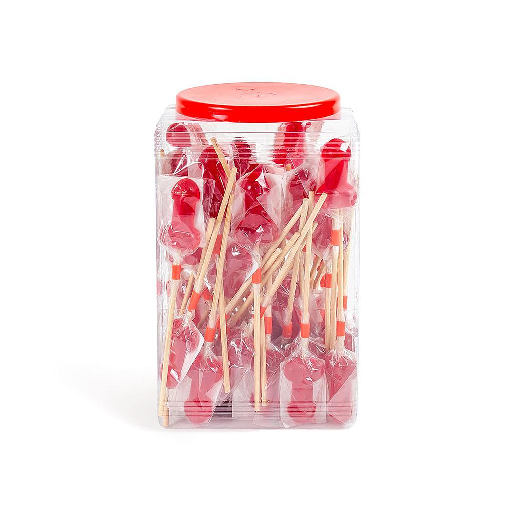 BOTE PIRULETA PENE CARAMELO CEREZA CON EFECTO CALOR PICANTE (60 UNIDADES) Cod. 9986