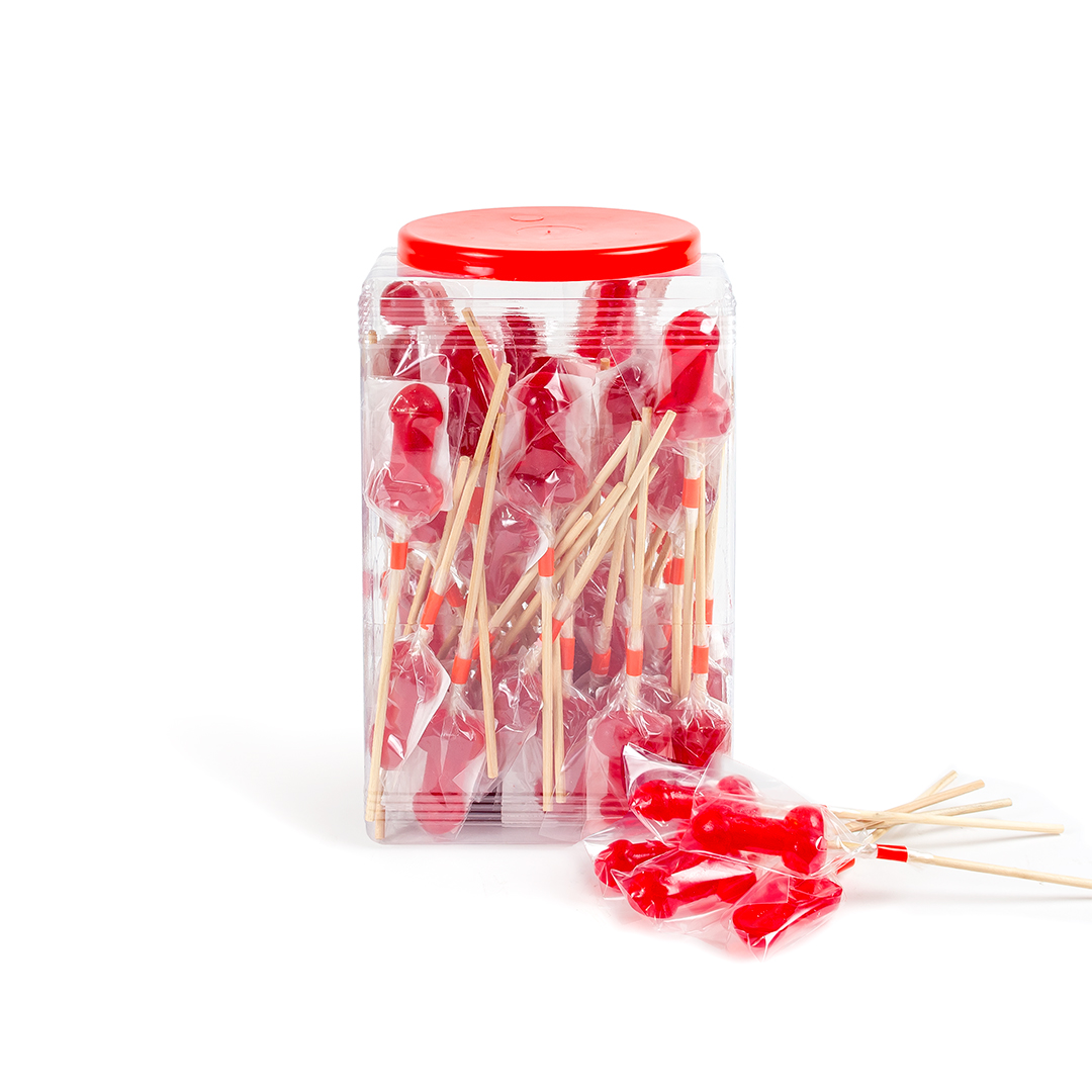 BOTE PIRULETA PENE CARAMELO CEREZA CON EFECTO CALOR PICANTE (60 UNIDADES) Cod. 9986